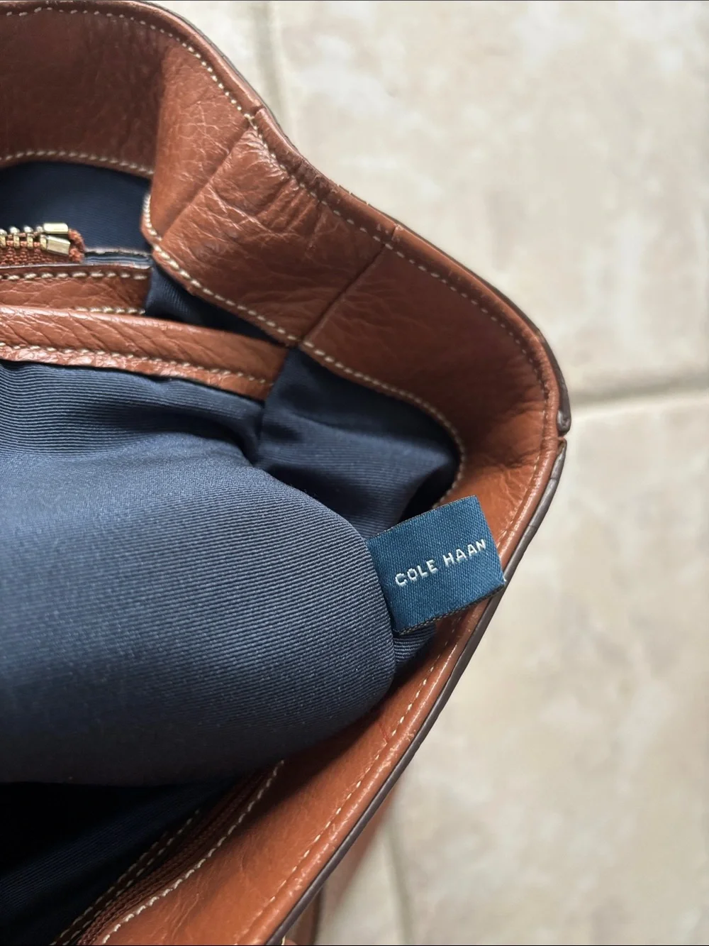Cole Haan Brown Leather Tote Bag with Navy Interior